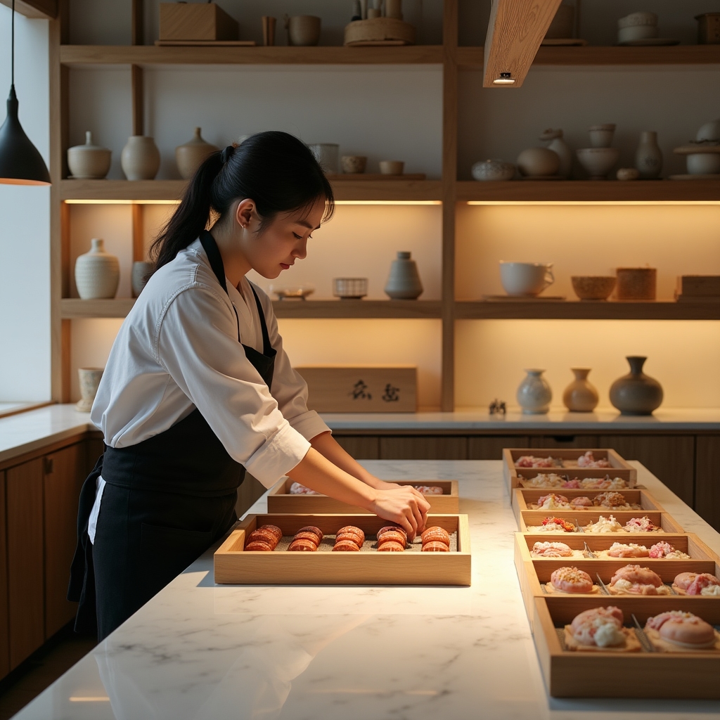 現代の和菓子工房で職人が作業する様子、伝統と現代が融合した空間