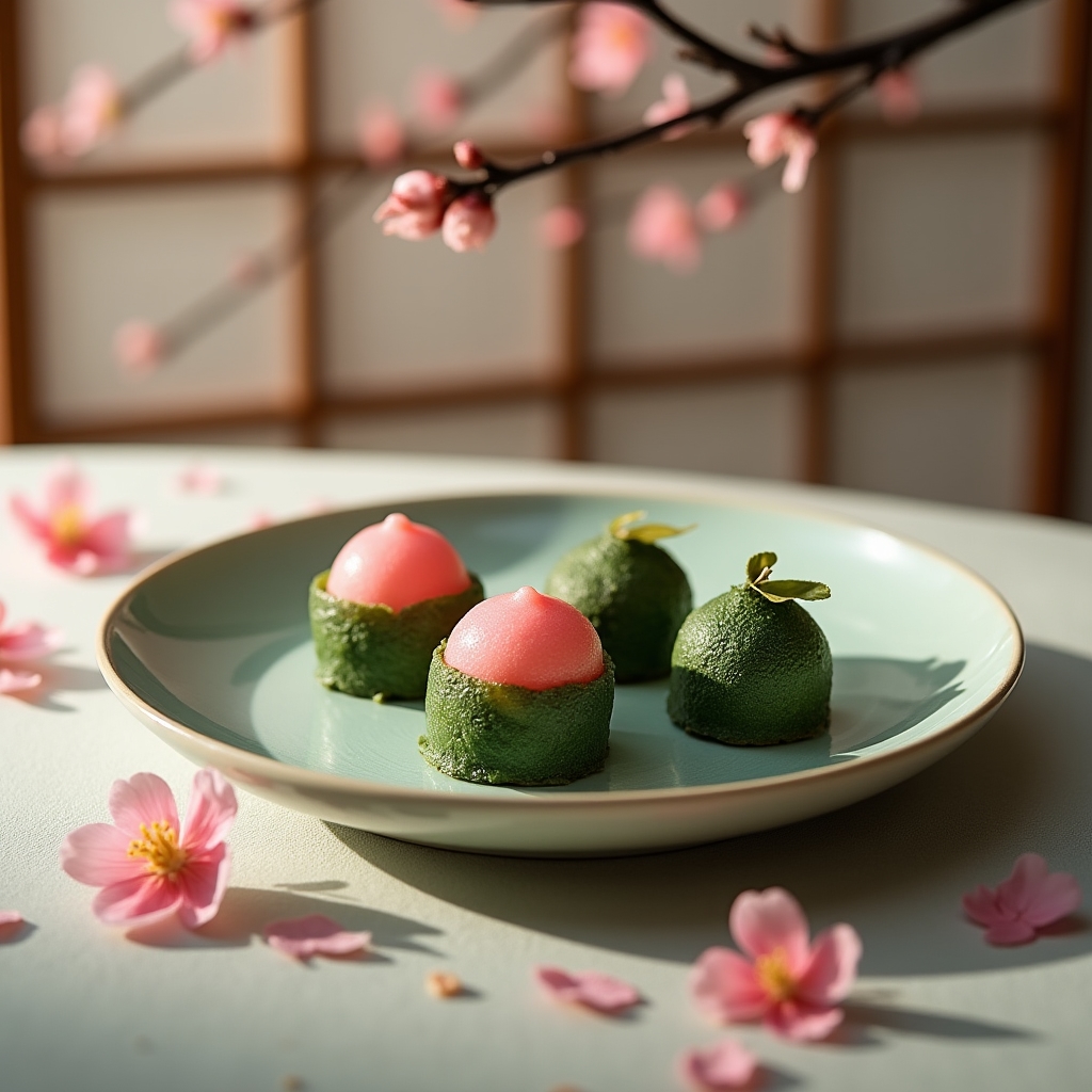 桜をモチーフにした春の和菓子の盛り付け