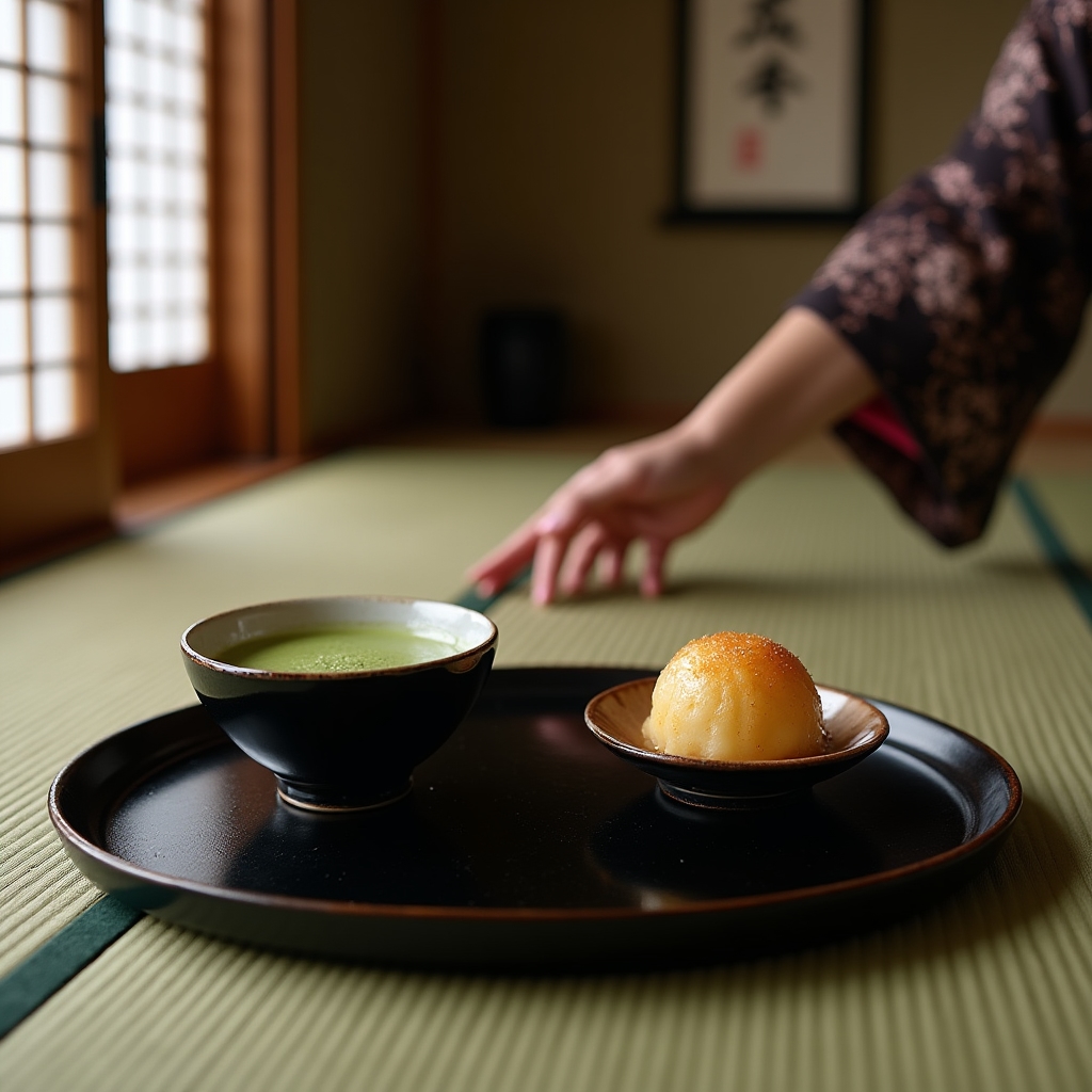 茶道の茶室で抹茶と和菓子が丁寧に並べられた伝統的な茶会の場面